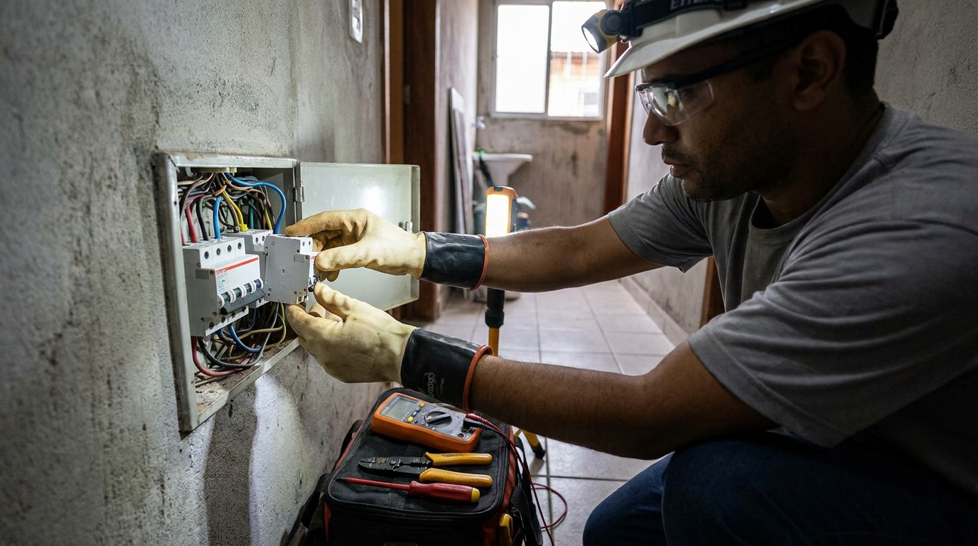 Eletricista comercial instalando disjuntor em Salvador‑BA